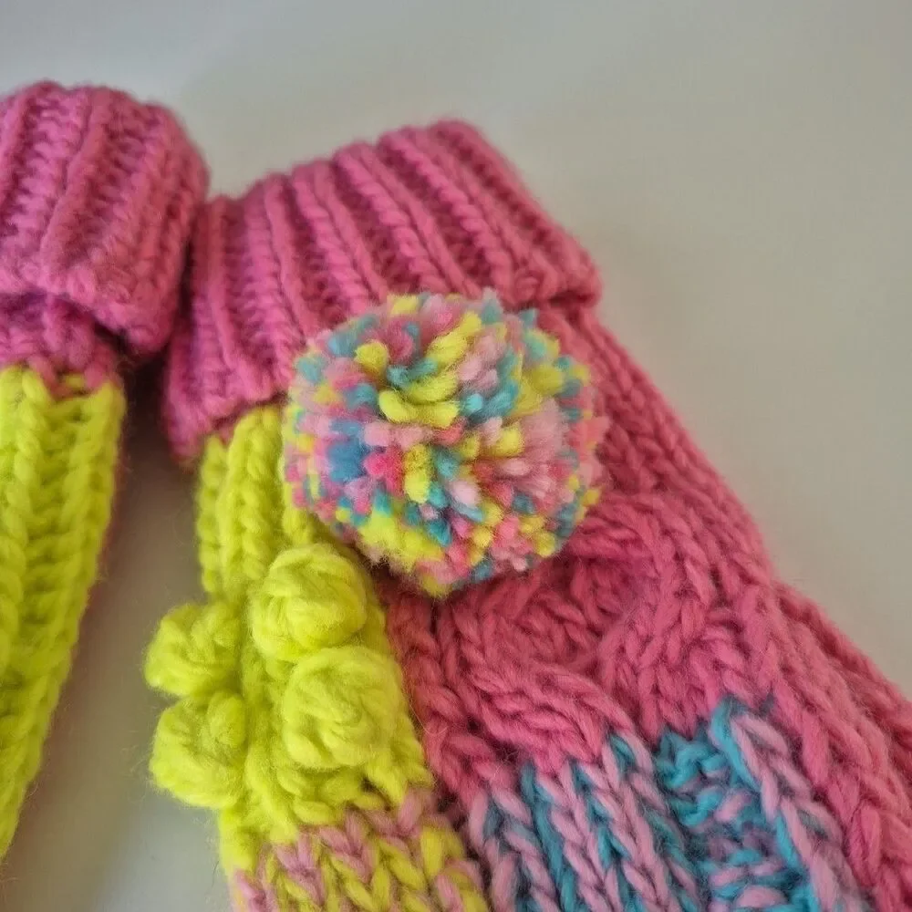Handmade Pink Yellow Blue Pom Pom Crochet Mittens Womens Small or Girls Large